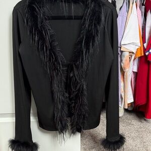SHEIN Y2K Faux Fur Trim Tie-Front Cardigan - Size Medium